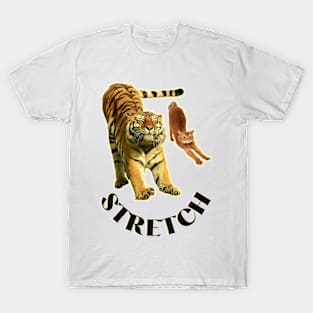 Stretch exercise by a tiger and a cat - black text T-Shirt